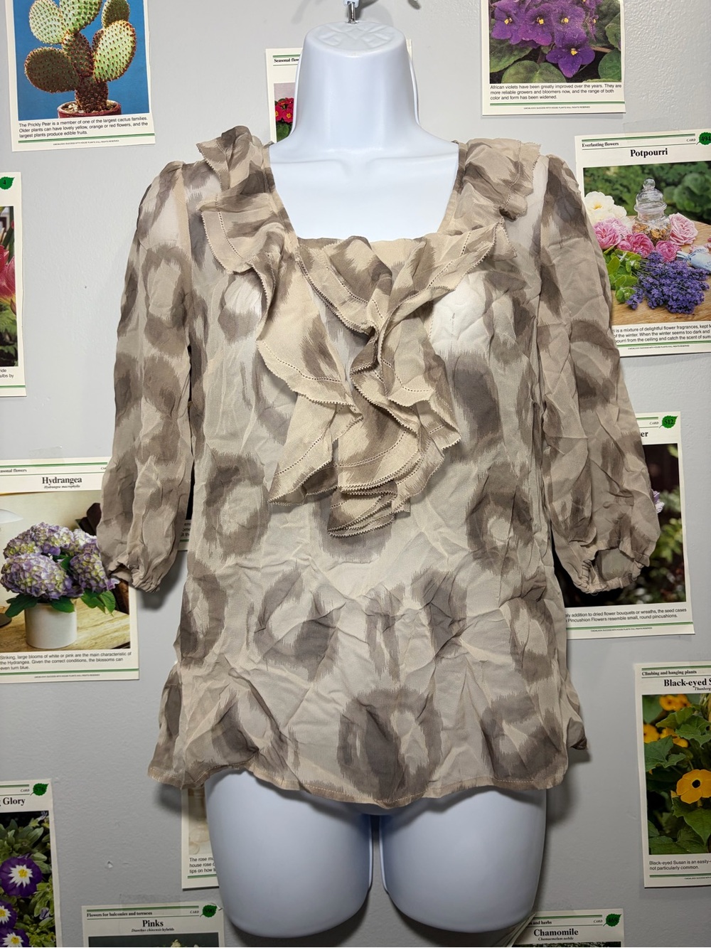 Ann Taylor Beige Taupe Floral Ruffle-Neck Blouse